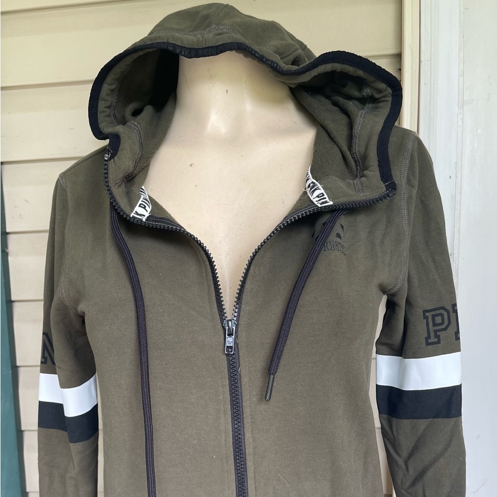 Pink Victoria's Secret Tops Pink Olive Army Green Zipper Hoodie Sweatshirt